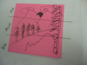 This is my post-it note mini lesson on foreground, middle ground and background. that I put in his sketchbook. 